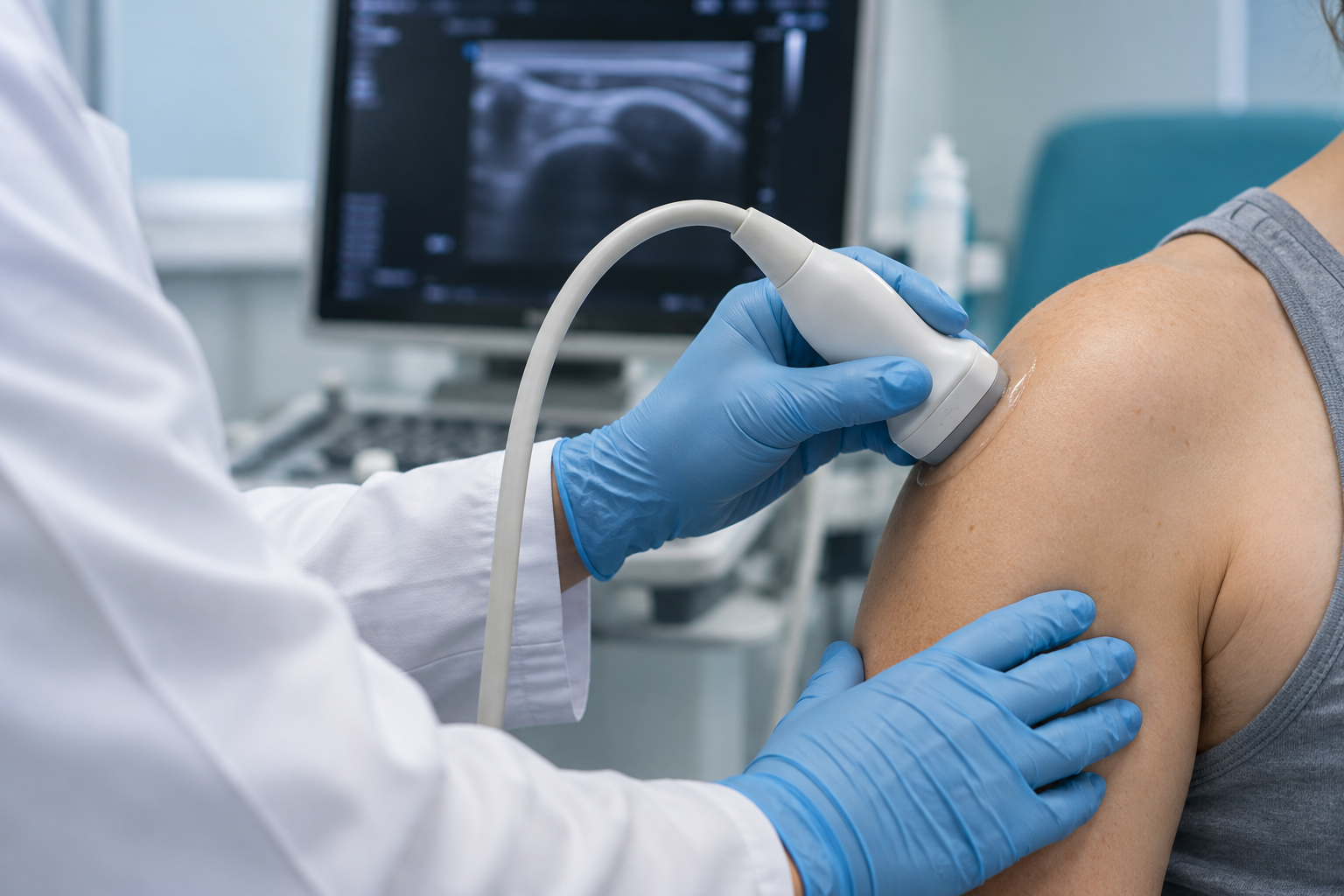 Imagem ilustrativa de avaliação do ombro com ultrassonografia